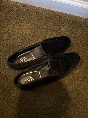 ZARA Black Velvet Slip-On Loafers